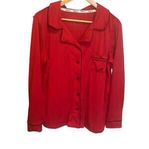 Born Women Pajama Top L Red Button Up Lounge Sleep‎ Shirt Piped Trim Stretchy